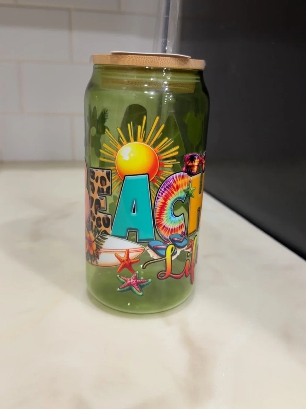 Green Beach-Graphic Glass Canister with Bamboo Lid